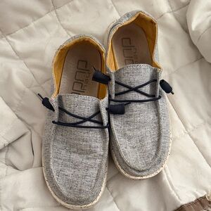 Hey Dude Light Gray Casual Slip-On Loafers with Navy Laces and Mustard Lining